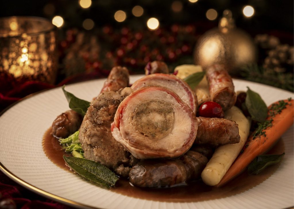 Braehead Foods Sage & Onion Turkey Roulade plated for Christmas service